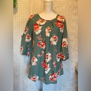 Cool Melon Size Medium Lt Weight Floral Tunic Adjustable Elastic Sleeves EUC